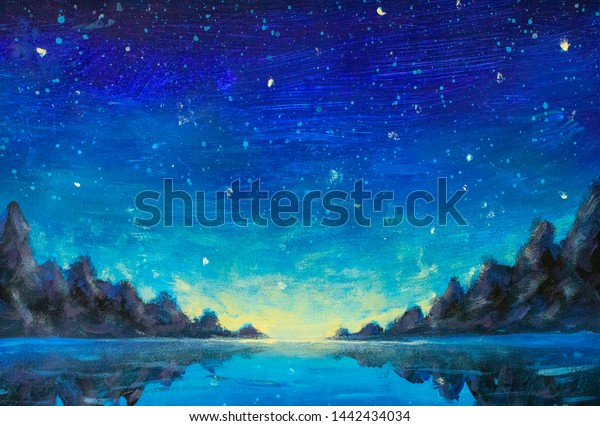 美しい夜景 山 青い星空 水 海 湖 のイラスト素材