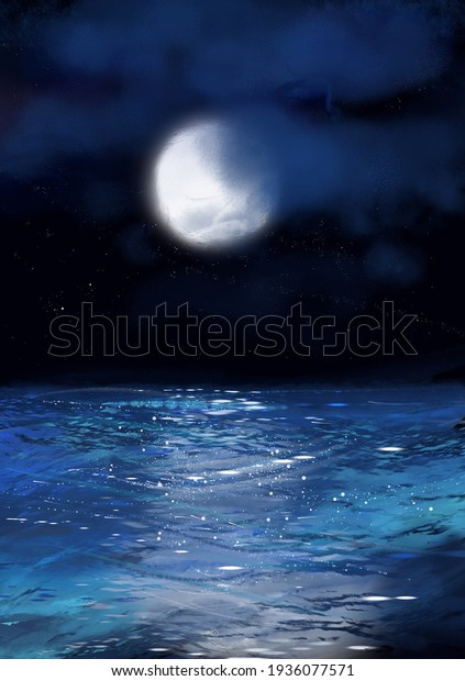 Beautiful night sea, stars and\
moon