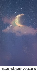 Beautiful Night Sky Background With Half Moon And Stars