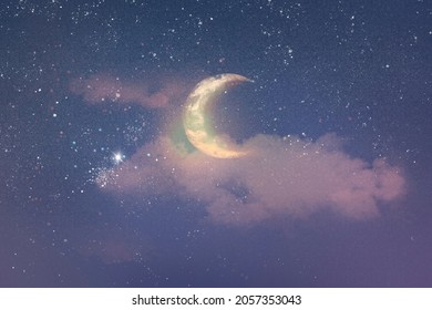 Beautiful Night Sky Background With Half Moon And Stars