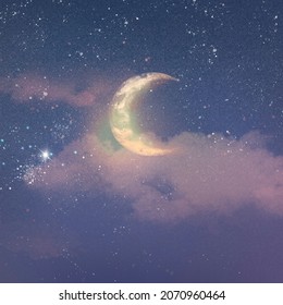 Beautiful Night Sky Background With Half Moon And Stars