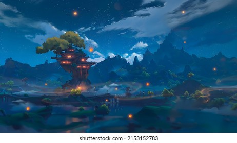 Beautiful Night Sky With Lanterns Landscape Genshin Impact Liyue Wallpaper