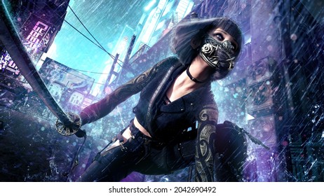 A beautiful ninja girl in the cyber punk style, boldly looks forward, a demonic Japanese mask is on her face, she is in the rain on a rebar in an epic pose with a katana ready 3d rendering