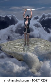 A beautiful ninja stands high on a platform in the clouds and presents her sword to the heavens