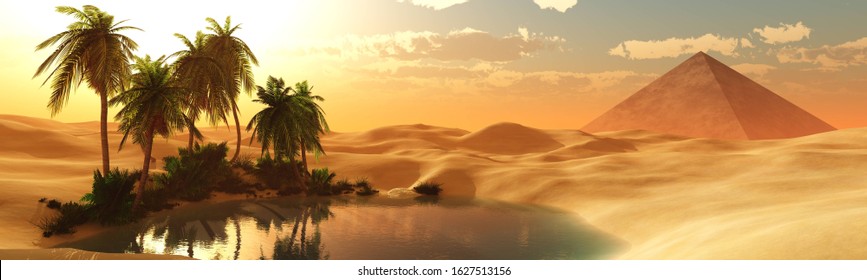 Beautiful oasis in the sandy desert, panorama of the desert landscape, sunset over the sands, 3D rendering