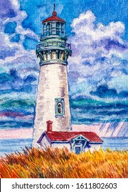 Beautiful Ocean Lighthouse. Seascape Nature. Watercolor Painting. 