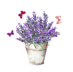Belle Vieille Boîte Avec Fleurs De Lavande Et Papillons. Aquarelle Florale Pour Carte Vintage De Style Provençal