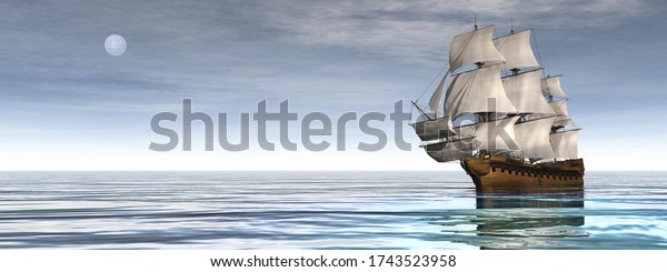 Beautiful old merchant ship floating on quiet\
water by day with moon - 3D\
render