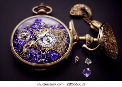 Beautiful old pocket watch, clock. 
watchmaking, horology, watch mechanism, watch parts. Precious ornaments, gold, precious stones, luxury watch. Photo realistic, concept art, cinematic light - Powered by Shutterstock