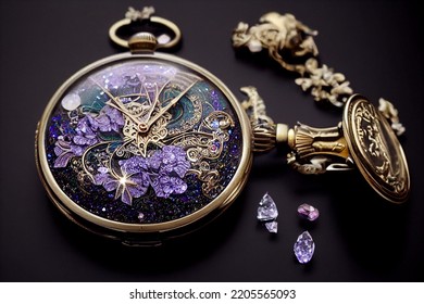 Beautiful old pocket watch, clock. 
watchmaking, horology, watch mechanism, watch parts. Precious ornaments, gold, precious stones, luxury watch. Photo realistic, concept art, cinematic light - Powered by Shutterstock