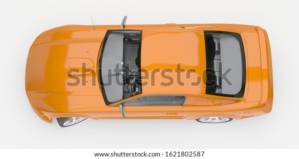 Beautiful orange sports car on a white background.\
American car of the 2000s. 3D illustration. View from above.\
Realistic\
style.