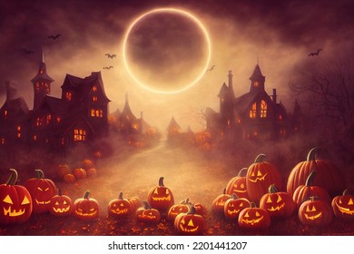 Beautiful painted concept of a Magical Halloween Scene with Jack o Lanterns (carved and lit pumpkins), Haunted Houses, Mist, Bats and the Moon - Powered by Shutterstock