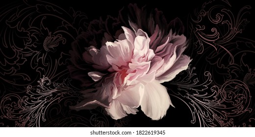 Beautiful painted flower emerging from the dark with vintage patterns. Peony on a dark wall with patterns. Design for walls, photo wallpaper, wallpaper, murals, cards, postcards.