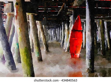 Beautiful Painting rescue Boat under the Pier in Santa Monica