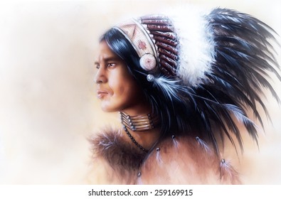  beautiful painting of a young indian warrior wearing a gorgeous feather headdress, profile portrait, Copy Space