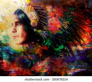  beautiful painting of a young indian warrior wearing a gorgeous feather headdress, profile portrait. computer collage
