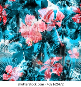 Beautiful Palm Trees And Tropical Flowers Hibiscus Seamless Pattern. Colorful Floral Background. Clip Art - Photo Collage - Great Artistic Work For Floral Design. With Layered Effects.