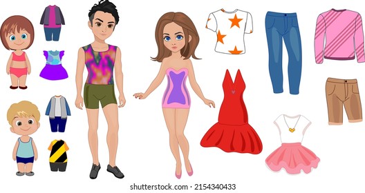 Beautiful Paper Doll With Clothes. Family Husband, Wife, Daughter And Son.