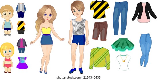 Beautiful Paper Doll With Clothes. Family Husband, Wife, Daughter And Son.