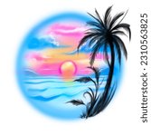 Beautiful paradise island with nice beach and wave at summer sunset airbrush vintage style for background merchandise Tshirt