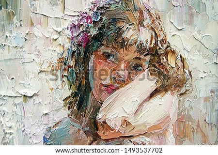Beautiful pensive young girl with flower in her hair. Created in expressive manner and light colors, palette knife technique of oil painting and brush.