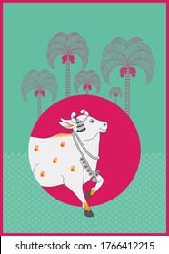 A Beautiful Pichwai Cow Illustration for Home Decore. Indian Cow Traditional Painting.