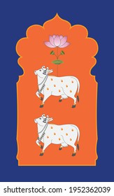 A Beautiful Pichwai Cow Painting. Indian Cow Digital Painting with Orange and Blue Color for Home Decor