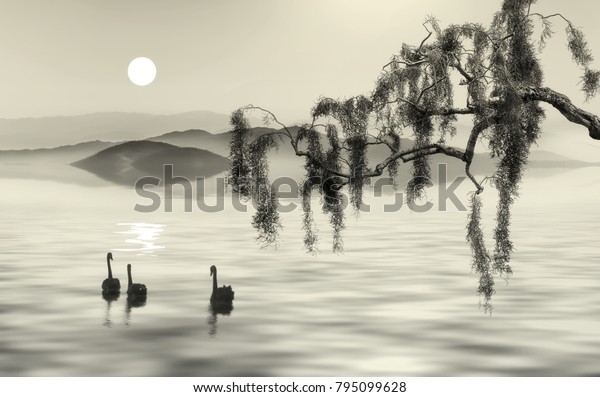 水墨画風景画風の美しい白鳥湖 のイラスト素材