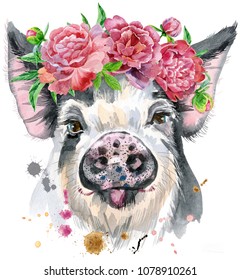 A beautiful pig in black spots in a wreath of peonies. Flowers. Watercolor illustration with splashes.