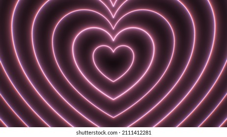 Beautiful Pink Heart Outline Shapes Neon Glowing Moving Fast Tunnel 3D Rendering - Abstract Background Texture