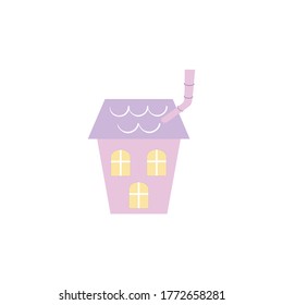 Beautiful Pink House On A White Background. Illustration Of A Cute Children's Dollhouse With A Chimney Isolated On A White Background. Drawing For Textiles, Clothing, Children's Books.