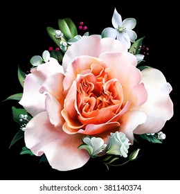 beautiful pink rose on a black background, with exotic flowers in the background
