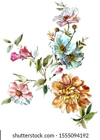 Beautiful Pinkyellow Red Blue Flower Watercolour Stock Illustration ...