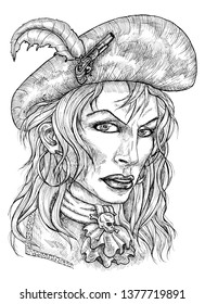 Beautiful Pirate Captain Woman In Hat Isolated On White. Hand Drawn Engraved Illustration Of Sailor, Seaman Or Seafarer In Old Vintage Style