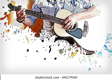 Beautiful Playing guitar on watercolor oil painting background, Digital watercolor painting