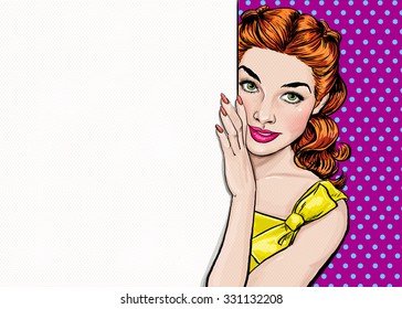 Beautiful Pop Art  girl looking from the empty board.Party invitation or birthday greeting card with  attractive woman in vintage Hollywood comic style.