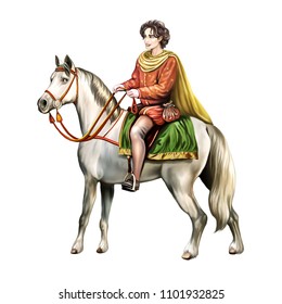 beautiful prince on a white horse, fairy-tale character, hero of a legend, groom of a princess, isolated character on a white background