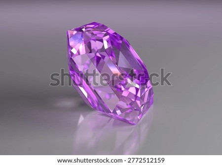 Beautiful purple amethyst, rectangular shape, close-up. Three-dimensional image. Dark background.