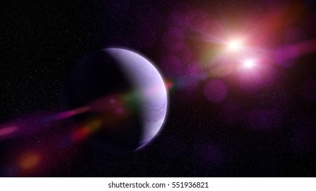 beautiful purple gas planet orbiting two bright stars (3d illustration)