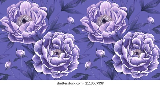 Beautiful purple peonies, purple buds, dusty lilac leaves. Botanical seamless pattern. Purple floral background. Wallpaper in very peri colors. Hand drawn realistic drawing for fabrics, clothes, goods