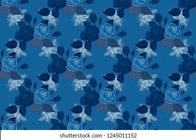 Beautiful raster seamless pattern in small abstract blue rose flowers. Small colorful flowers. Small cute simple spring stylized rose flowers.