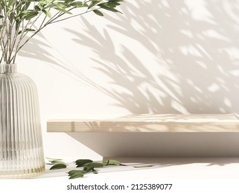 Beautiful realistic 3D render, An empty oak wood shelve next to a decor green leaves plant in glass vase with sunlight and foliage shadow on beige wall in background. Products overlay, Mock up, Nature