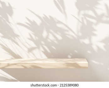 Beautiful realistic 3D render, An empty oak wood shelve with wood grain under leaves foliage shadow, beige wall in background. Products overlay, Mock up, Beauty, Organic, Natural concept, Eco friendly