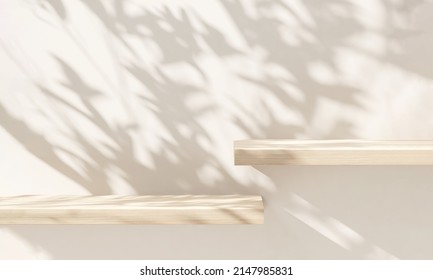 Beautiful realistic 3D render, empty oak wood shelves with wood grain under leaves foliage shadow, beige wall in background. Products overlay, Mock up, Beauty, Organic, Natural concept, Eco friendly