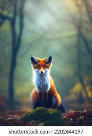 Beautiful Realistic Fox On A Defocused Autumn Forest Backdrop Hand Draw Style Raster Illustration 