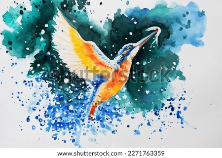 Beautiful realistic watercolor painting of common kingfisher,Alcedo atthis,Eurasian kingfisher or river kingfisher, coming out of splashing water after catching fish in mouth.Handpainted illustration.