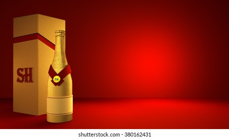 Beautiful Red Background Golden Champagne Bottle Stock Illustration