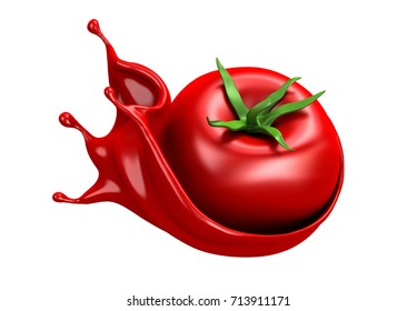 Beautiful Red Background With Isolated Tomato And Splash Of Juice, Tomato Paste, Ketchup, Sauce. 3d Illustration, 3d Rendering.