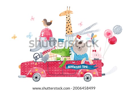 Beautiful red car with cute animals. Watercolor illustration. Kids decor.
