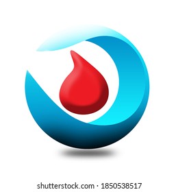 Beautiful Red Drop in Blue Circle Logo. Blood Donation Symbol.